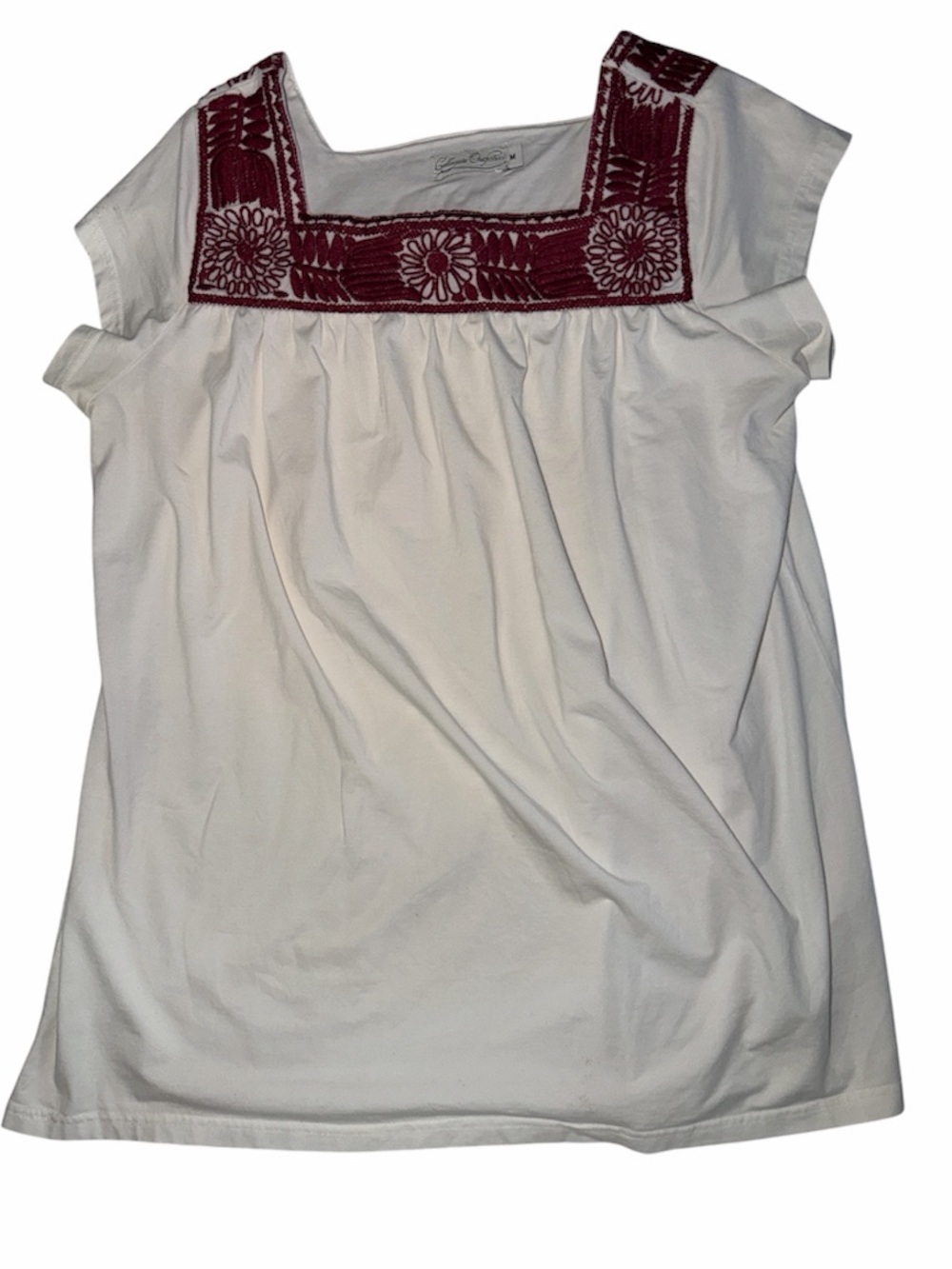 Collegiate Outfitters White Square Neck Top with Burgundy Floral Embroidery M